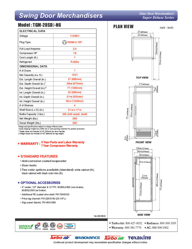 Turbo Air TGM-20SD-N6 27" White Super Deluxe Countertop Refrigerator w/ Glass Swing Door – LED Lighting, Front Access, 115v - Donut-Equipment.com