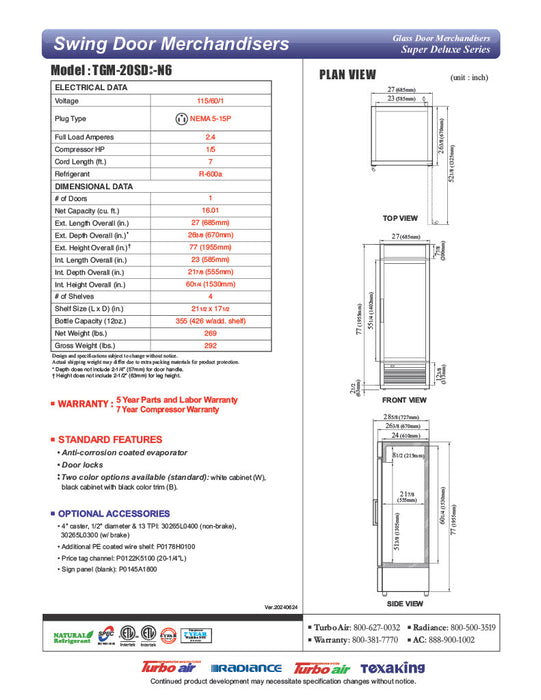 Turbo Air TGM-20SD-N6 27" White Super Deluxe Countertop Refrigerator w/ Glass Swing Door – LED Lighting, Front Access, 115v - Donut-Equipment.com