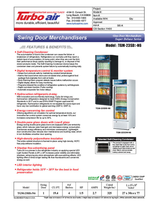 Turbo Air TGM-23SD-N6 27" White Super Deluxe Glass Door Refrigerator – LED Lighting, Front Access, Swing Door, 115v - Donut-Equipment.com