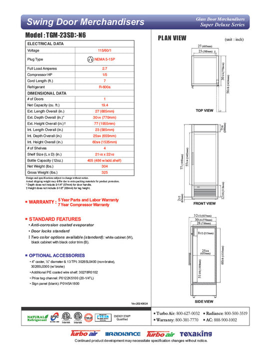 Turbo Air TGM-23SD-N6 27" White Super Deluxe Glass Door Refrigerator – LED Lighting, Front Access, Swing Door, 115v - Donut-Equipment.com