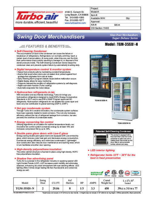 Turbo Air TGM-35SD-N 39 1/2" White Super Deluxe Glass Door Refrigerator – Two Swing Doors, LED Lighting, 115v - Donut-Equipment.com