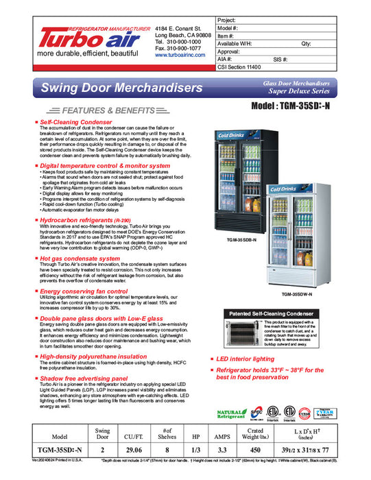 Turbo Air TGM-35SD-N 39 1/2" White Super Deluxe Glass Door Refrigerator – Two Swing Doors, LED Lighting, 115v - Donut-Equipment.com