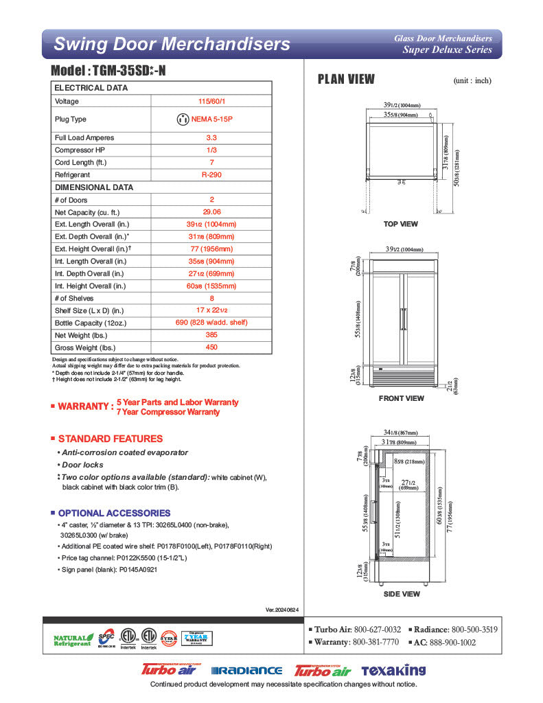Turbo Air TGM-35SD-N 39 1/2" White Super Deluxe Glass Door Refrigerator – Two Swing Doors, LED Lighting, 115v - Donut-Equipment.com