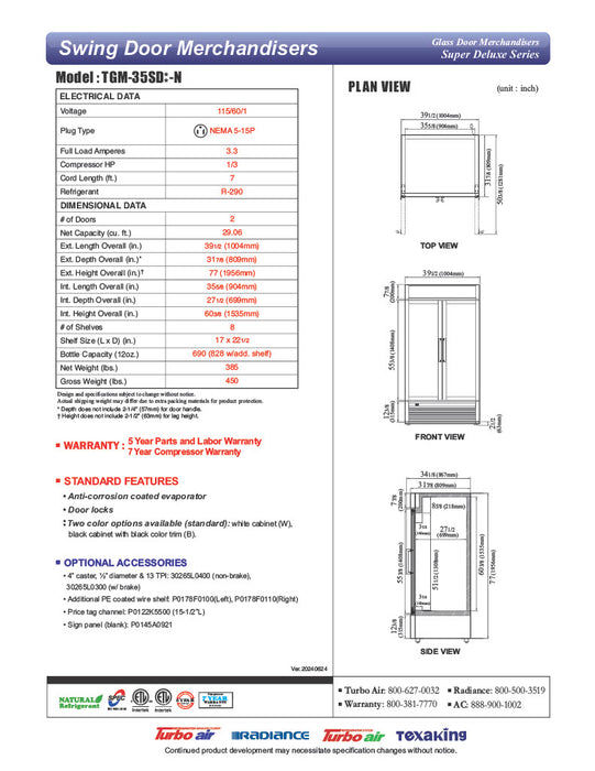 Turbo Air TGM-35SD-N 39 1/2" White Super Deluxe Glass Door Refrigerator – Two Swing Doors, LED Lighting, 115v - Donut-Equipment.com