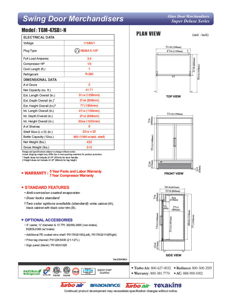 Turbo Air TGM-47SD-N 51" White Super Deluxe Glass Door Refrigerator – Two Swing Doors, Energy-Efficient LED Lighting, 115v - Donut-Equipment.com