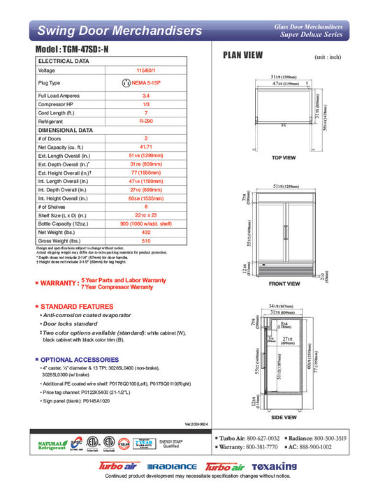 Turbo Air TGM-47SD-N 51" White Super Deluxe Glass Door Refrigerator – Two Swing Doors, Energy-Efficient LED Lighting, 115v - Donut-Equipment.com