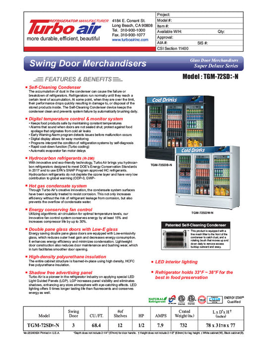 Turbo Air TGM-72SD-N 78" White Super Deluxe Glass Door Refrigerator – Three Swing Doors, LED Lighting, 115v - Donut-Equipment.com