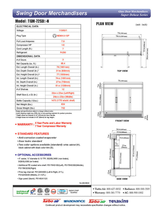 Turbo Air TGM-72SD-N 78" White Super Deluxe Glass Door Refrigerator – Three Swing Doors, LED Lighting, 115v - Donut-Equipment.com