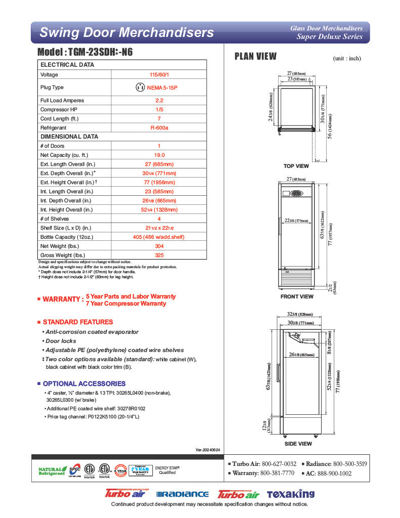 Turbo Air TGM-23SDH-N6 27" White Super Deluxe Glass Door Refrigerator – Hinged Door, LED Lighting, 115v - Donut-Equipment.com