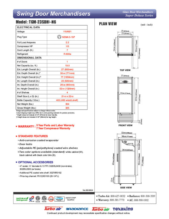 Turbo Air TGM-23SDH-N6 27" White Super Deluxe Glass Door Refrigerator – Hinged Door, LED Lighting, 115v - Donut-Equipment.com