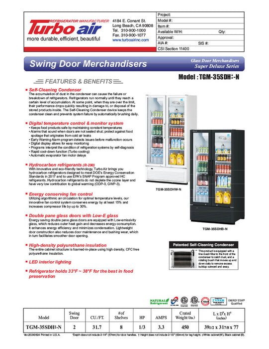 Turbo Air TGM-35SDH-N 39 1/2" White Super Deluxe Two Section Glass Door Merchandiser – (2) Left/Right Hinge Doors, 115v - Donut-Equipment.com