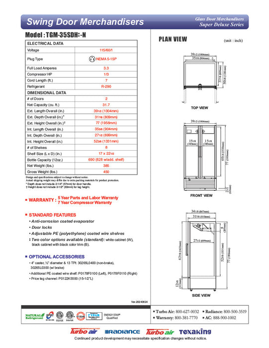 Turbo Air TGM-35SDH-N 39 1/2" White Super Deluxe Two Section Glass Door Merchandiser – (2) Left/Right Hinge Doors, 115v - Donut-Equipment.com