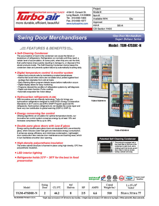 Turbo Air TGM-47SDH-N 51" White Super Deluxe Two Section Glass Door Merchandiser – (2) Left/Right Hinge Doors, 115v - Donut-Equipment.com