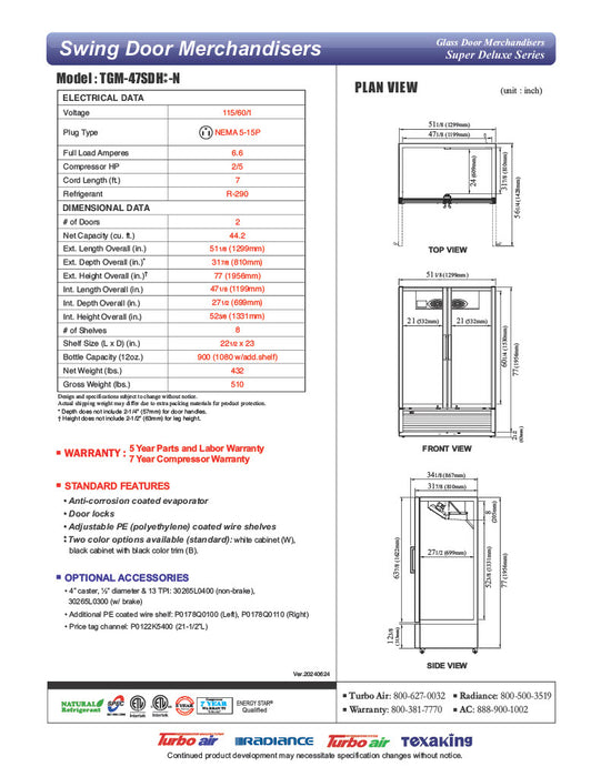 Turbo Air TGM-47SDH-N 51" White Super Deluxe Two Section Glass Door Merchandiser – (2) Left/Right Hinge Doors, 115v - Donut-Equipment.com