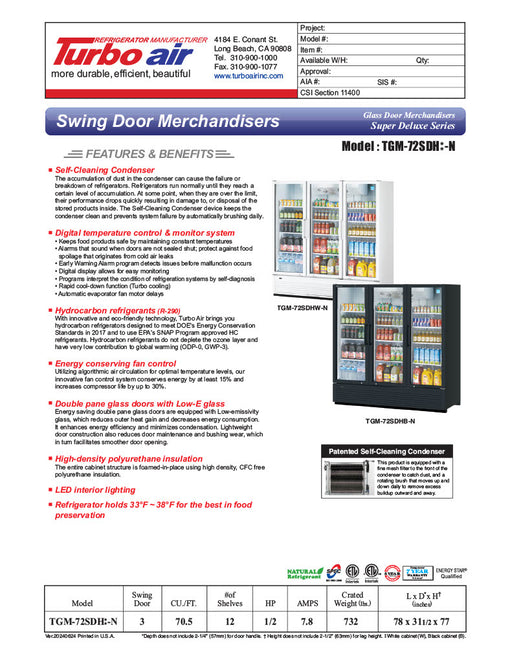 Turbo Air TGM-72SDHB-N 78" Black Super Deluxe Three Section Glass Door Merchandiser – (3) Left/Right Hinge Doors, 115v - Donut-Equipment.com