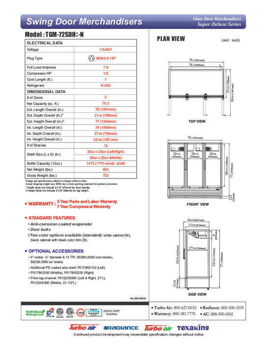 Turbo Air TGM-72SDHB-N 78" Black Super Deluxe Three Section Glass Door Merchandiser – (3) Left/Right Hinge Doors, 115v - Donut-Equipment.com