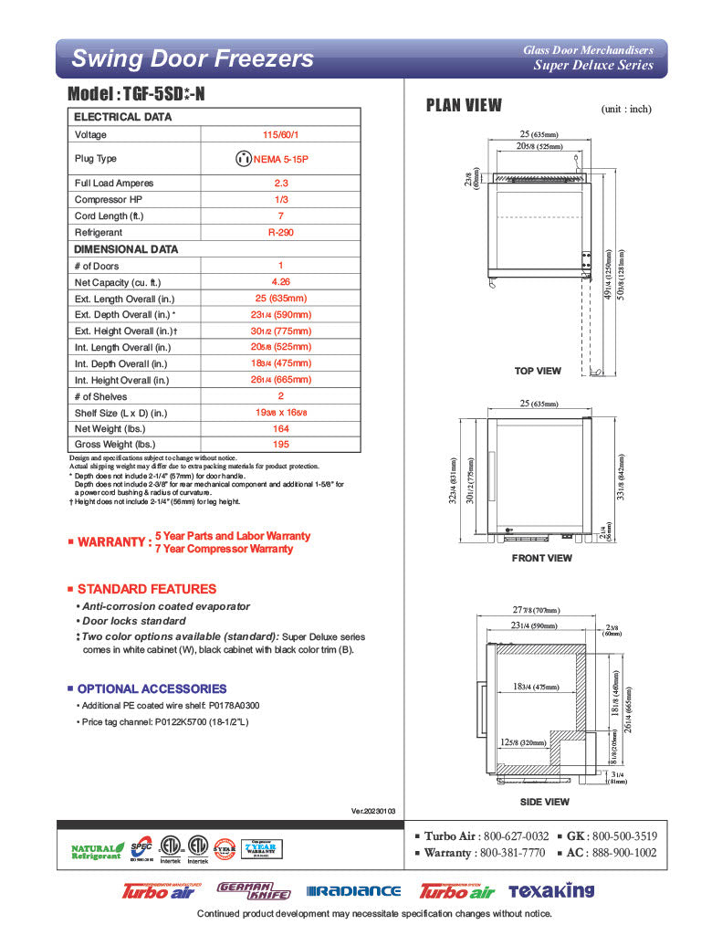Turbo Air TGF-5SD-N 25" White Super Deluxe Countertop Display Freezer – (1) Swing Door, LED Lighting, Front Access, 115v - Donut-Equipment.com