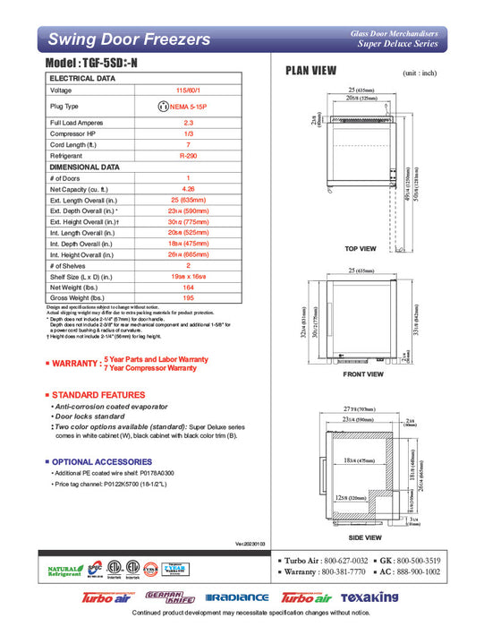 Turbo Air TGF-5SD-N 25" White Super Deluxe Countertop Display Freezer – (1) Swing Door, LED Lighting, Front Access, 115v - Donut-Equipment.com