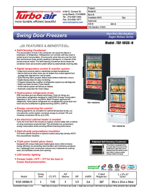Turbo Air TGF-10SD-N 25 3/4" White Super Deluxe Countertop Display Freezer – (1) Swing Door, LED Interior Lighting, 115v - Donut-Equipment.com