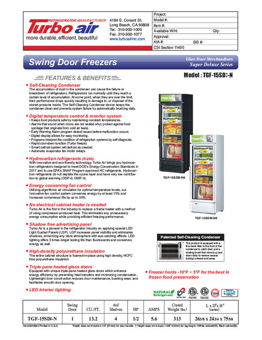 Turbo Air TGF-15SD-N 26 3/8" White Super Deluxe One Section Countertop Display Freezer – (1) Swing Door, LED Lighting, 115v - Donut-Equipment.com
