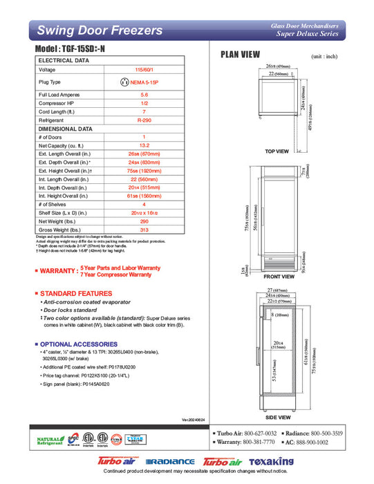 Turbo Air TGF-15SD-N 26 3/8" White Super Deluxe One Section Countertop Display Freezer – (1) Swing Door, LED Lighting, 115v - Donut-Equipment.com