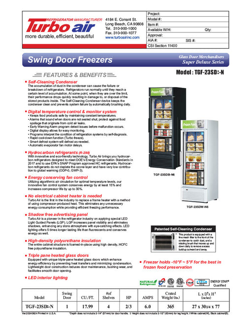 Turbo Air TGF-23SD-N 27" White Super Deluxe One Section Display Freezer – (1) Swing Door, LED Lighting, 115v - Donut-Equipment.com