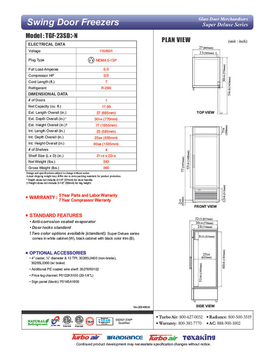 Turbo Air TGF-23SD-N 27" White Super Deluxe One Section Display Freezer – (1) Swing Door, LED Lighting, 115v - Donut-Equipment.com