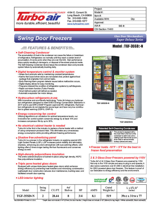 Turbo Air TGF-35SD-N 39 1/2" White Super Deluxe Two Section Display Freezer – (2) Swing Doors, LED Lighting, 115v - Donut-Equipment.com