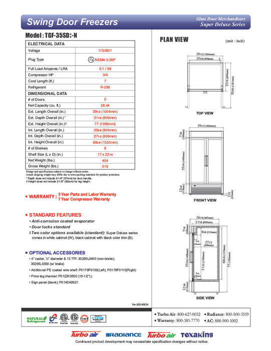 Turbo Air TGF-35SD-N 39 1/2" White Super Deluxe Two Section Display Freezer – (2) Swing Doors, LED Lighting, 115v - Donut-Equipment.com