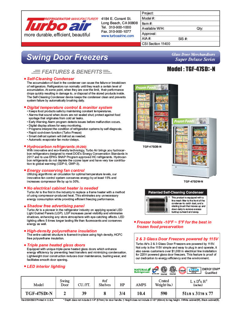 Turbo Air TGF-47SD-N 51 1/8" White Super Deluxe Two Section Display Freezer – (2) Swing Doors, LED Interior, 115v - Donut-Equipment.com