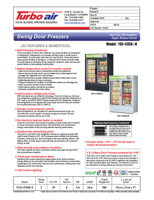 Turbo Air TGF-47SD-N 51 1/8" White Super Deluxe Two Section Display Freezer – (2) Swing Doors, LED Interior, 115v - Donut-Equipment.com