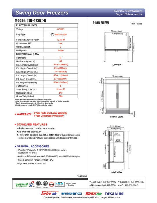 Turbo Air TGF-47SD-N 51 1/8" White Super Deluxe Two Section Display Freezer – (2) Swing Doors, LED Interior, 115v - Donut-Equipment.com