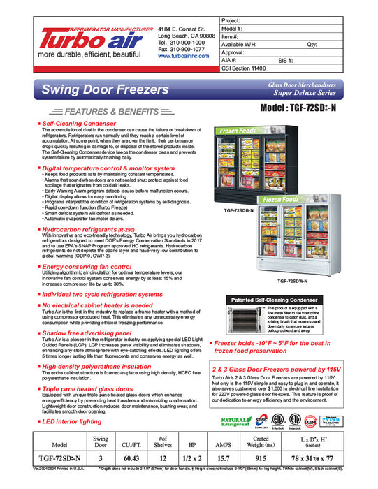 Turbo Air TGF-72SD-N-B 78" White Super Deluxe Three Section Display Freezer – (3) Swing Doors, LED Lighting, 115v - Donut-Equipment.com