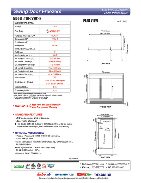 Turbo Air TGF-72SD-N-B 78" White Super Deluxe Three Section Display Freezer – (3) Swing Doors, LED Lighting, 115v - Donut-Equipment.com