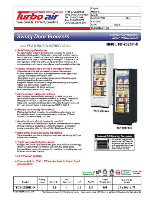 Turbo Air TGF-23SDH-N 27" White Super Deluxe One Section Glass Door Display Freezer – Hinged Door, LED Lighting, 115v - Donut-Equipment.com
