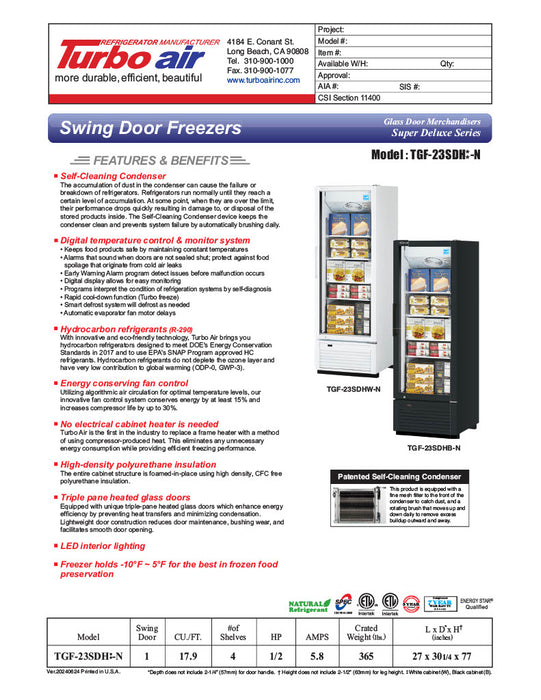 Turbo Air TGF-23SDH-N 27" White Super Deluxe One Section Glass Door Display Freezer – Hinged Door, LED Lighting, 115v - Donut-Equipment.com