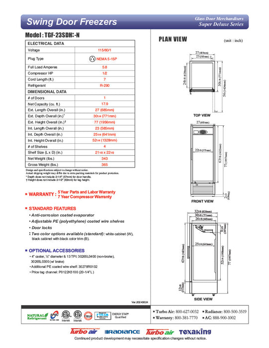 Turbo Air TGF-23SDH-N 27" White Super Deluxe One Section Glass Door Display Freezer – Hinged Door, LED Lighting, 115v - Donut-Equipment.com