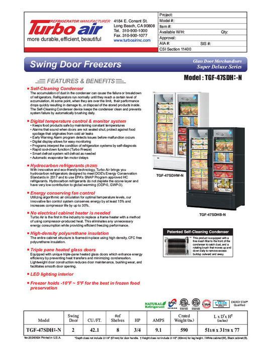 Turbo Air TGF-47SDH-N 51 1/8" White Super Deluxe Two Section Display Freezer w/ Swing Doors – Bottom Mount Compressor, LED Lighting, 115v - Donut-Equipment.com