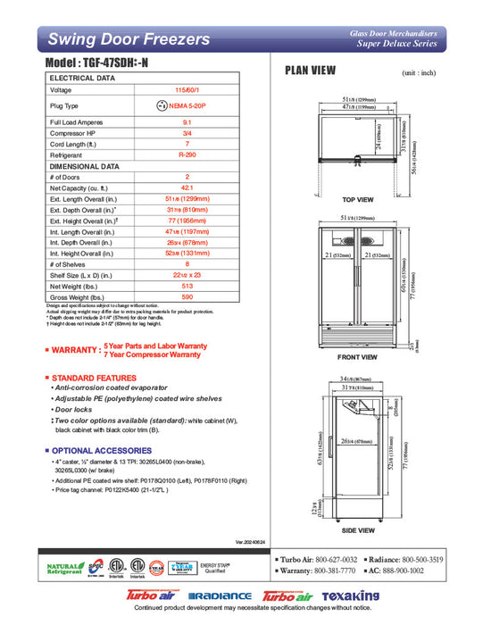 Turbo Air TGF-47SDH-N 51 1/8" White Super Deluxe Two Section Display Freezer w/ Swing Doors – Bottom Mount Compressor, LED Lighting, 115v - Donut-Equipment.com