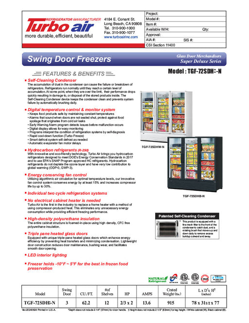 Turbo Air TGF-72SDH-N 78" White Super Deluxe Three Section Display Freezer w/ Swing Doors – Bottom Mount Compressor, LED Lighting, 115v - Donut-Equipment.com