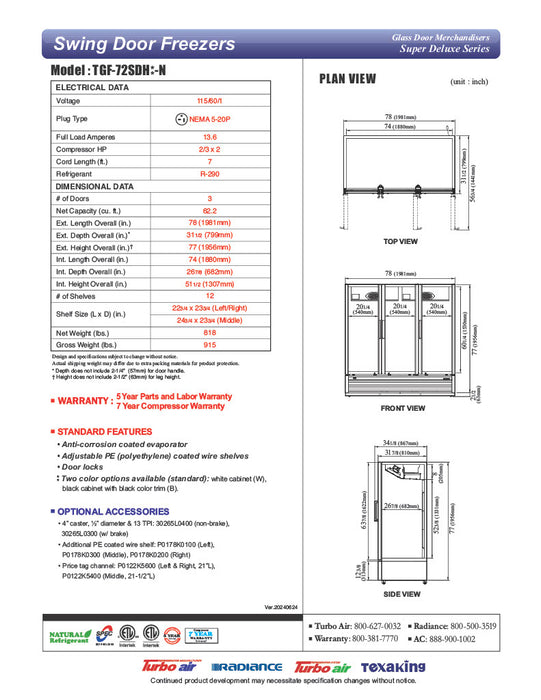 Turbo Air TGF-72SDH-N 78" White Super Deluxe Three Section Display Freezer w/ Swing Doors – Bottom Mount Compressor, LED Lighting, 115v - Donut-Equipment.com