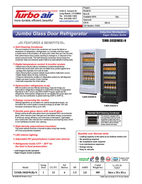 Turbo Air TJMR-30SDB-N 36 5/8" Black Super Deluxe One Section Glass Door Merchandiser, 115v - Donut-Equipment.com