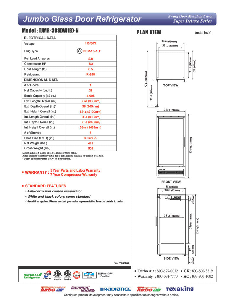 Turbo Air TJMR-30SDB-N 36 5/8" Black Super Deluxe One Section Glass Door Merchandiser, 115v - Donut-Equipment.com