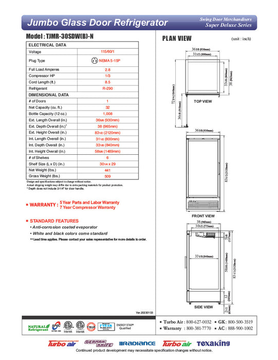 Turbo Air TJMR-30SDB-N 36 5/8" Black Super Deluxe One Section Glass Door Merchandiser, 115v - Donut-Equipment.com