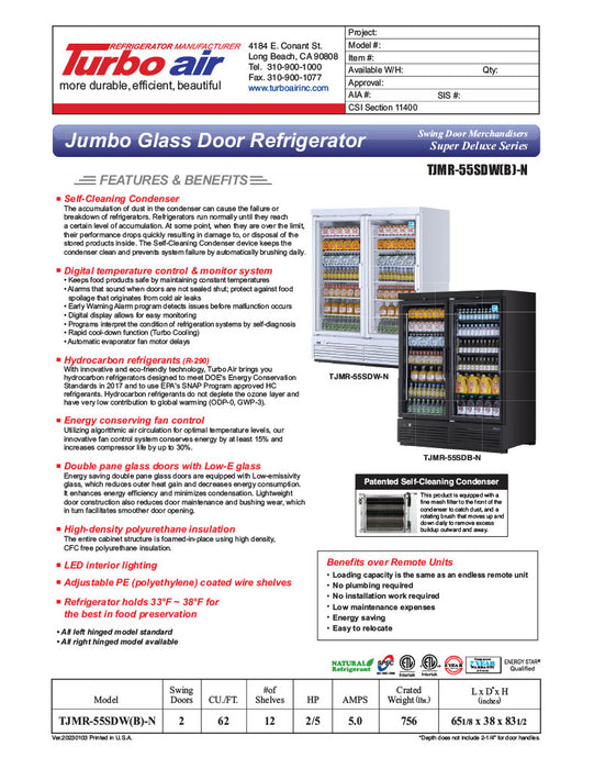 Turbo Air TJMR-55SDW-N 65 1/8" White Super Deluxe Two Section Glass Door Merchandiser – (2) Swing Doors, 115v - Donut-Equipment.com