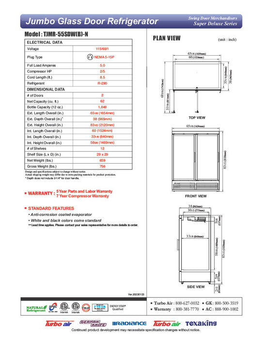 Turbo Air TJMR-55SDW-N 65 1/8" White Super Deluxe Two Section Glass Door Merchandiser – (2) Swing Doors, 115v - Donut-Equipment.com