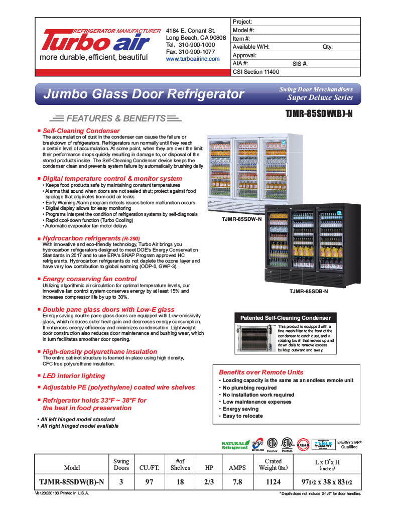 Turbo Air TJMR-85SDB-N 97 1/2" Black Super Deluxe Three Section Glass Door Merchandiser – (3) Swing Doors, 115v - Donut-Equipment.com