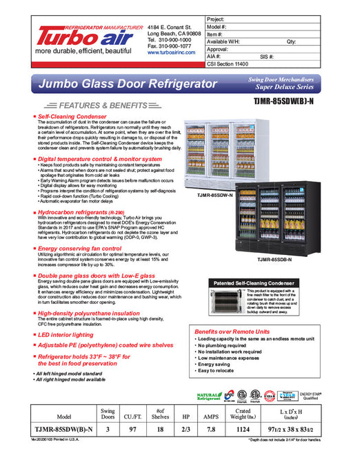 Turbo Air TJMR-85SDB-N 97 1/2" Black Super Deluxe Three Section Glass Door Merchandiser – (3) Swing Doors, 115v - Donut-Equipment.com