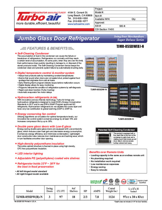 Turbo Air TJMR-85SDB-N 97 1/2" Black Super Deluxe Three Section Glass Door Merchandiser – (3) Swing Doors, 115v - Donut-Equipment.com