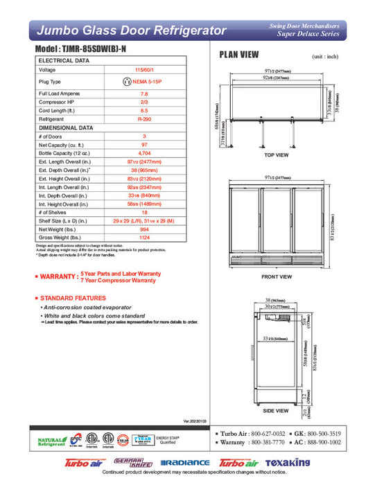 Turbo Air TJMR-85SDB-N 97 1/2" Black Super Deluxe Three Section Glass Door Merchandiser – (3) Swing Doors, 115v - Donut-Equipment.com